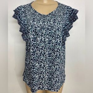 Lucky Brand top Sz M EUC Navy Blue floral smocked front